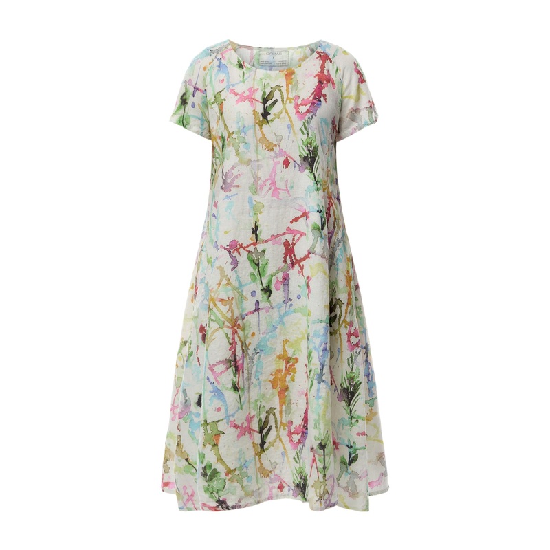 Short Sleeve A Line Printed Linen Dress