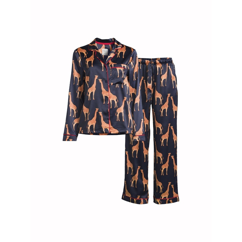 Giraffe Print Satin Button Up Long Set