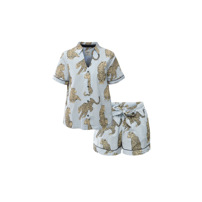 Seersucker Stripe Leopard Short Set