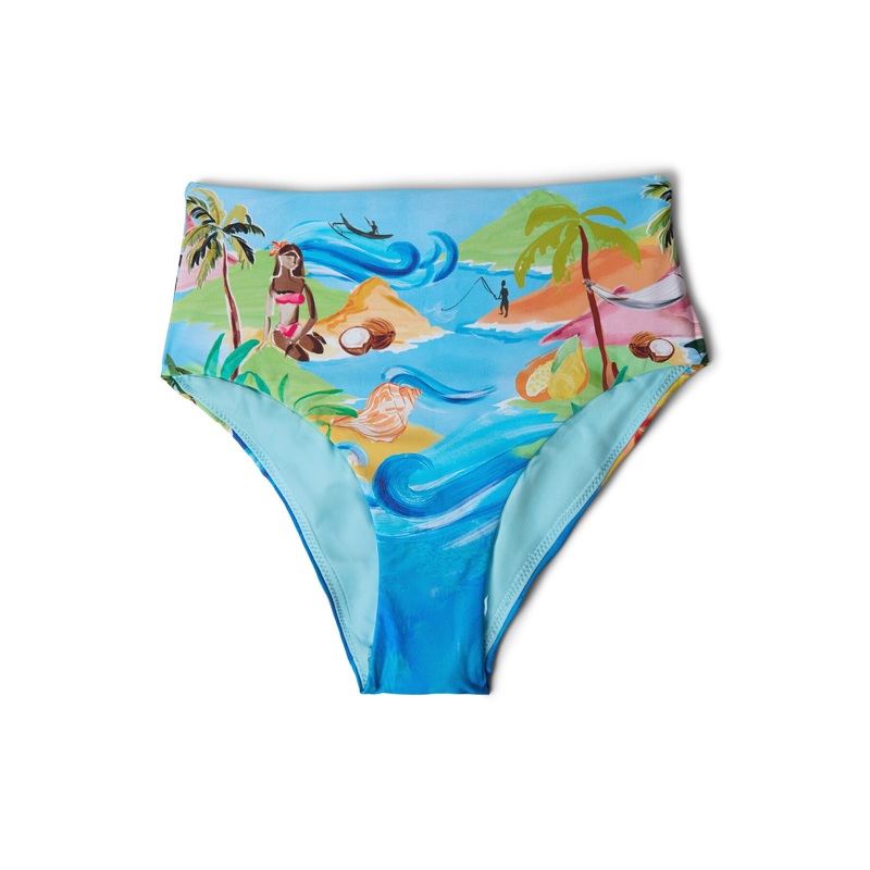 High Waisted Pant Blue Print Bikini Bottom