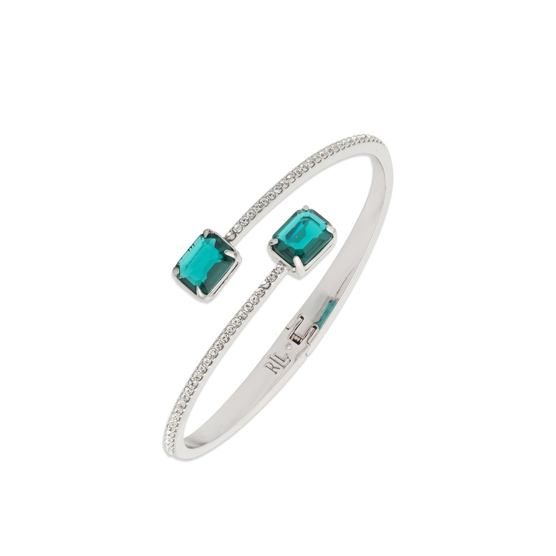 Rhodium Emerald Bypass Cuff Bracelet