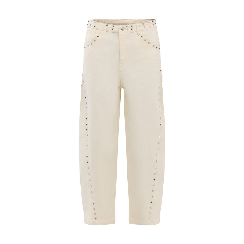 Ecru Studded Barrel Jeans