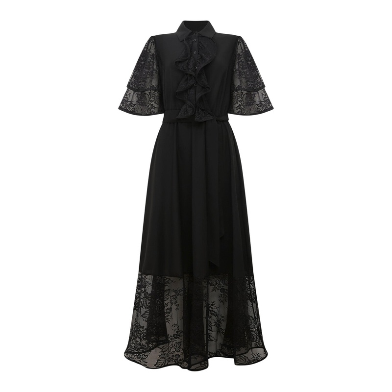 Lace Detail Front Ruffle Midi Dress