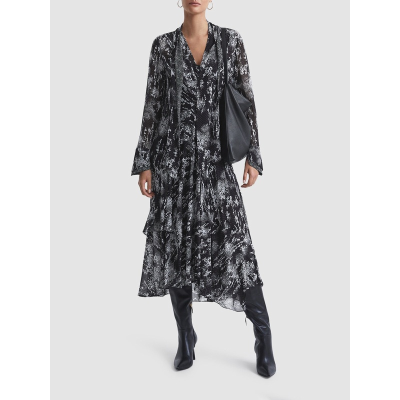 Callie Belted Ruffle Printed Midi Dress