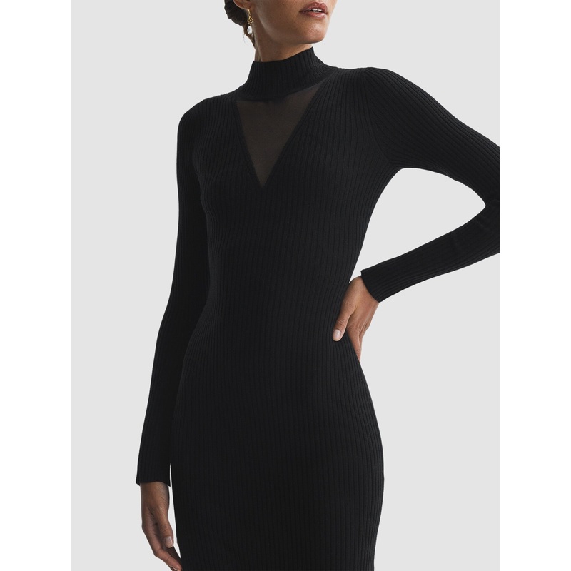 Sabrina Ribbed Mesh Panel Bodycon Midi Dress