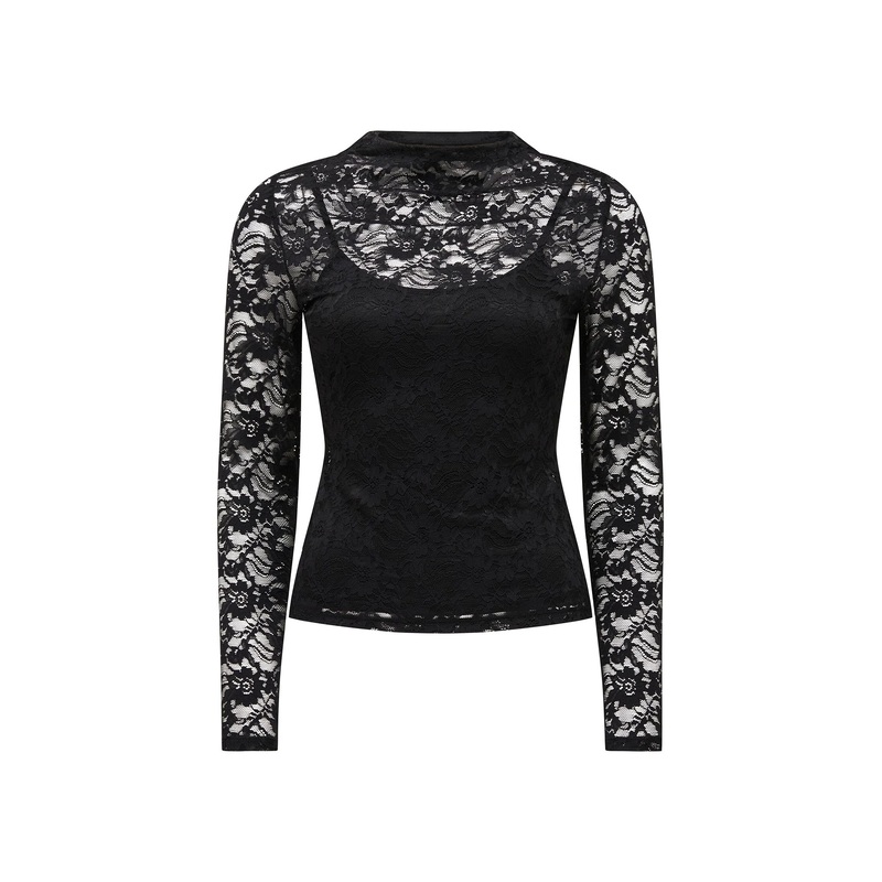 Henley High Neck Lace Top Black