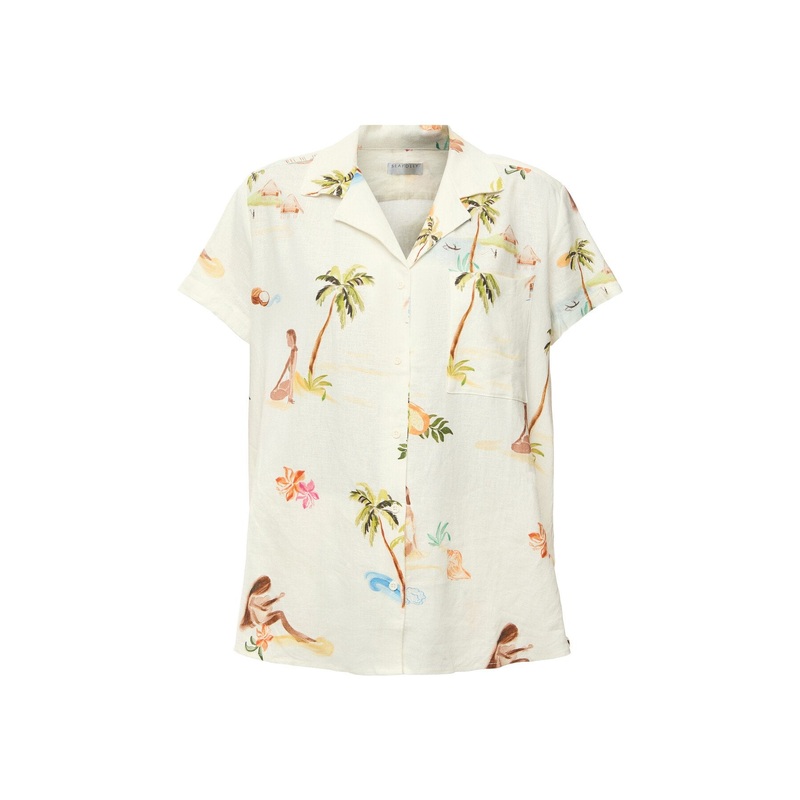 Longline Short Sleeve Shirt Beige Print Shirt