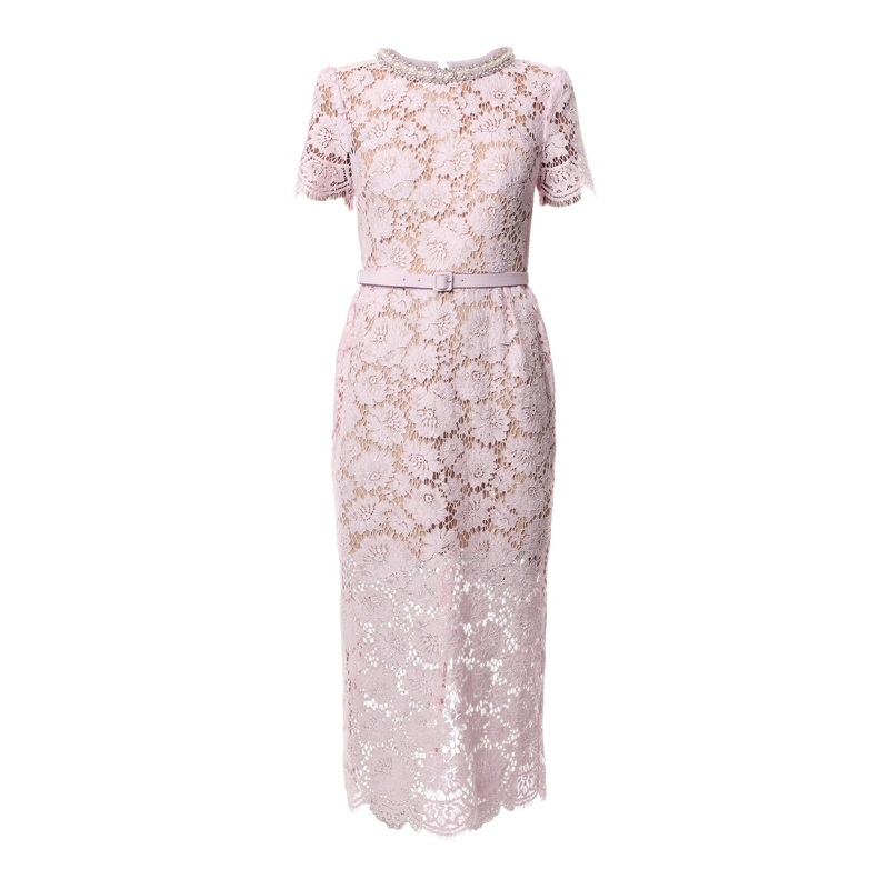 Pink Fine Lace Pearl Midi Dress