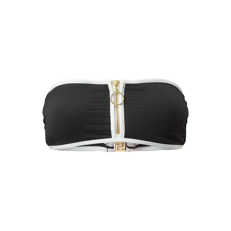 Zip Front Bandeau Black Solid Bikini Top