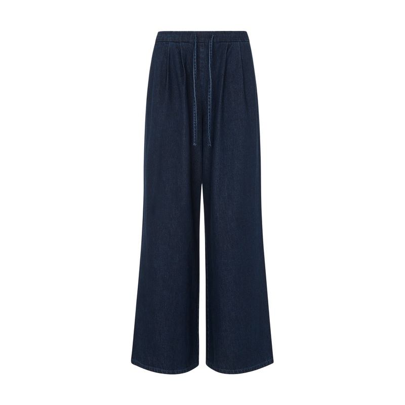 Cotton Wide Leg Pleat Trouser Blue