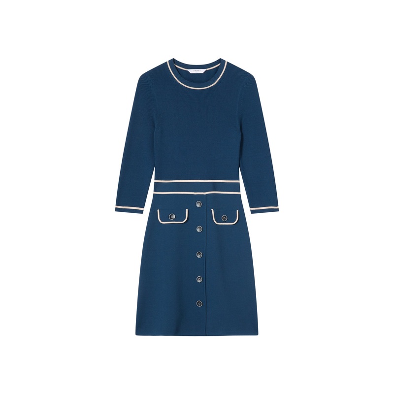 Ciara Viscose Blend Button Through Knit Dress Blue & Navy