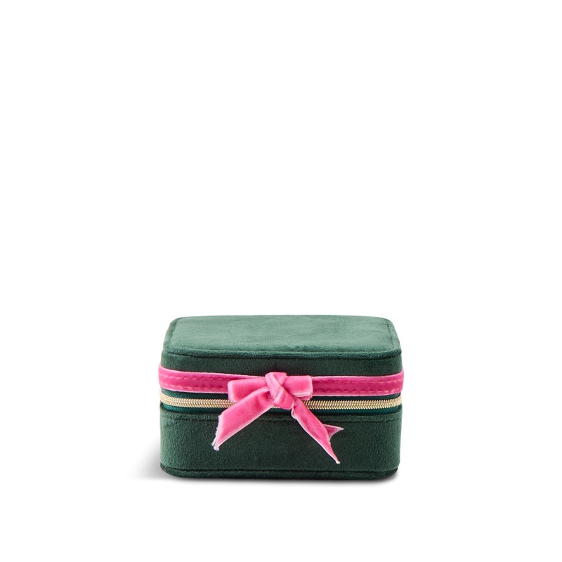 Green Pink Velvet Bow Square Jewellery Case