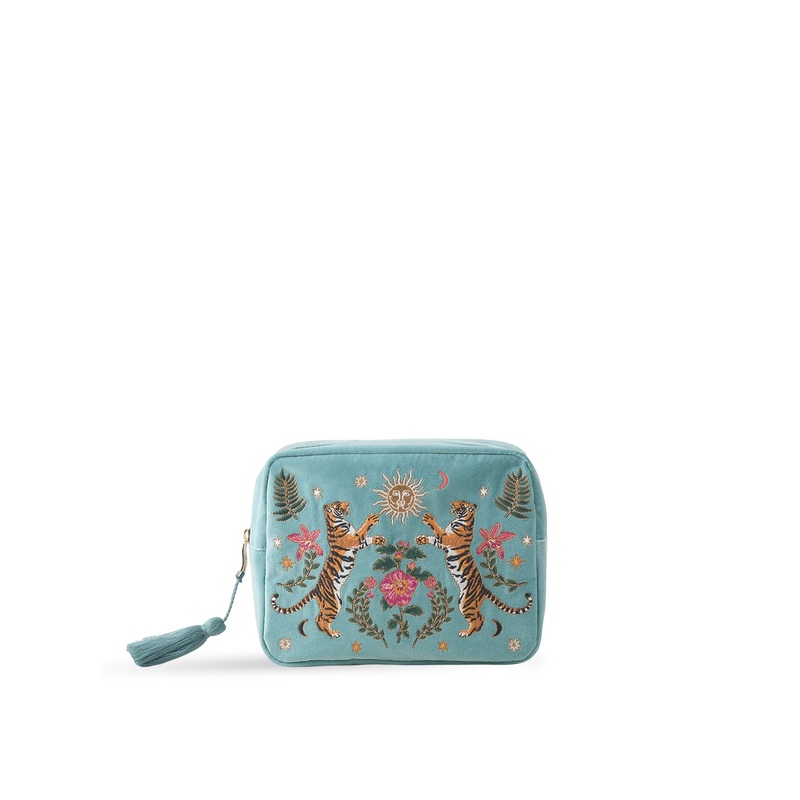 Celestial Tigers Velvet Wash Bag Dusky Teal