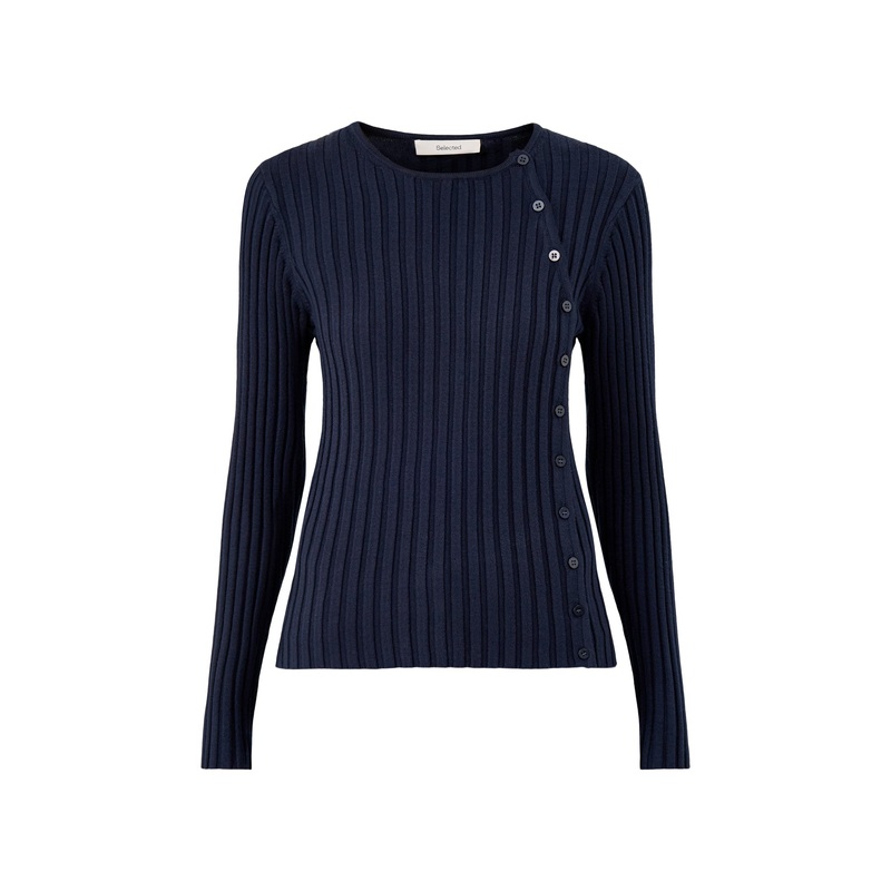 Helen Knit Button O Neck Top Dark Sapphire