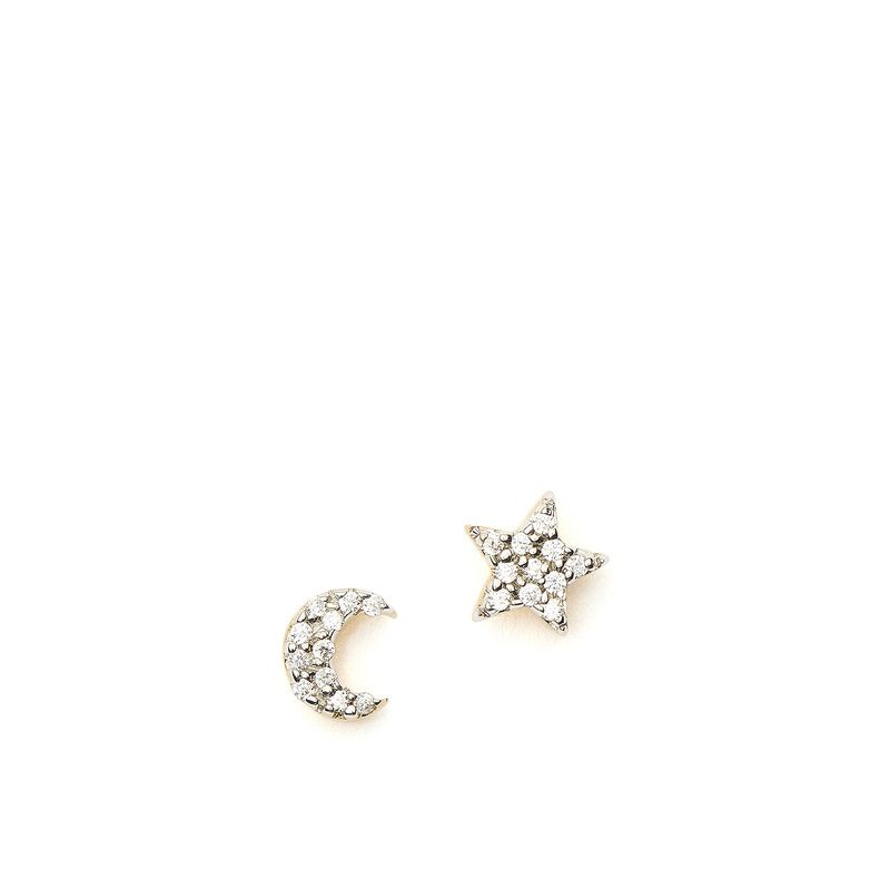 Pave Star Moon Stud Earrings Gold