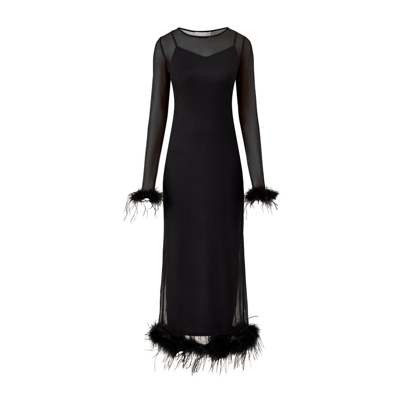 Mesh Feather Trim Dress Black