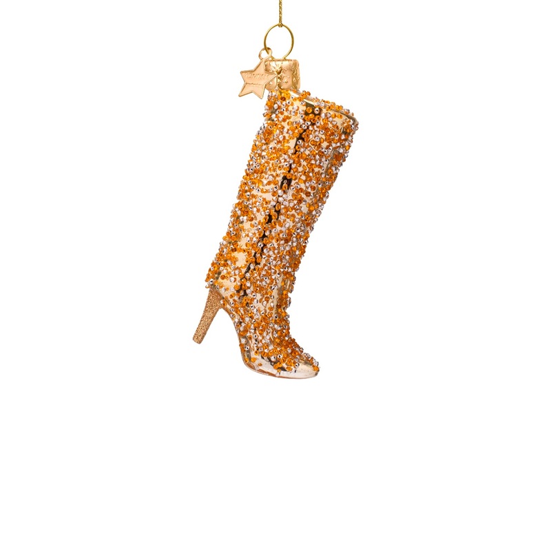 Shiny Gold Allover Diamond Boot Glass Christmas Hanging Decoration