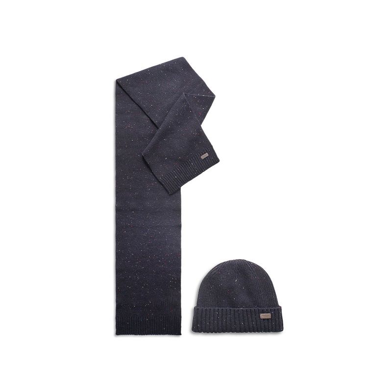 Barbour Carlton Fleck Beanie & Scarf Gift Set Navy