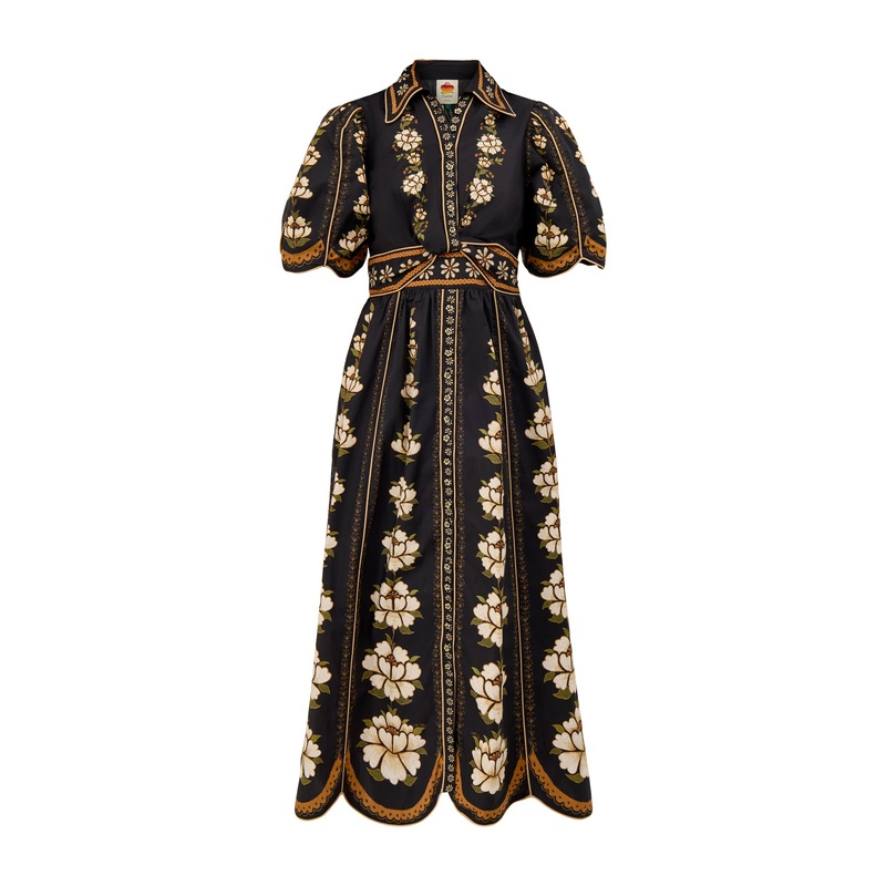 Embroidered Flowers Midi Dress Black