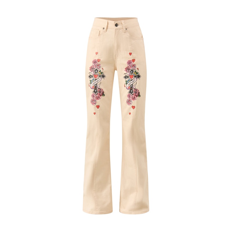 Floral Cross Flared Jeans Beige
