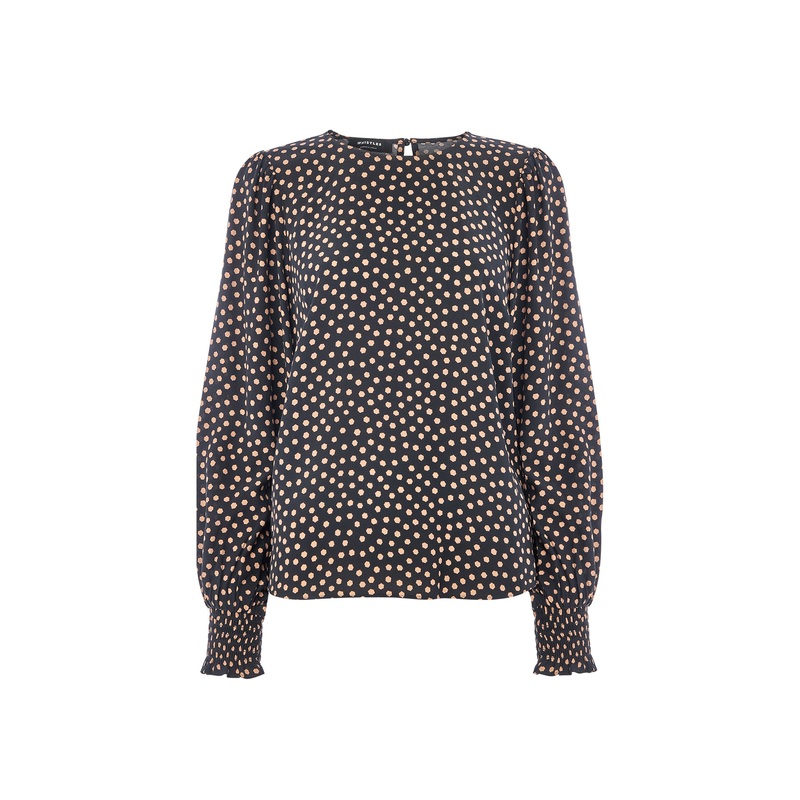 Spot Shirred Cuff Blouse Black