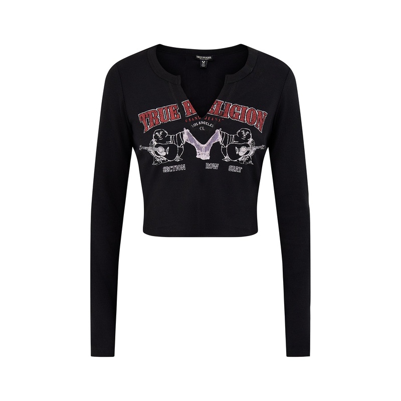 Buddha V-Neck Rib Long Sleeve Top Black