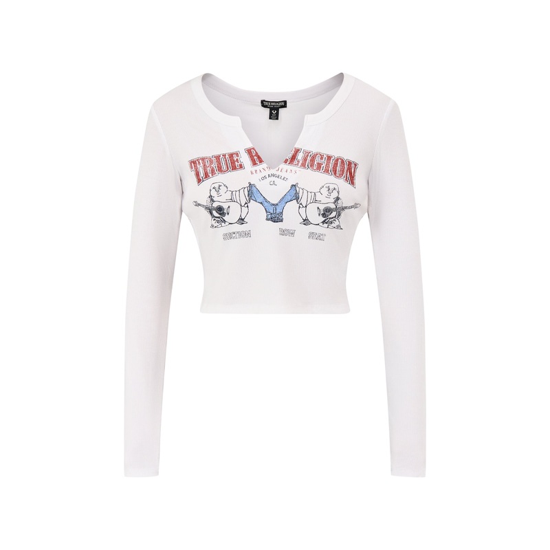 Buddha V-Neck Rib Long Sleeve Top White