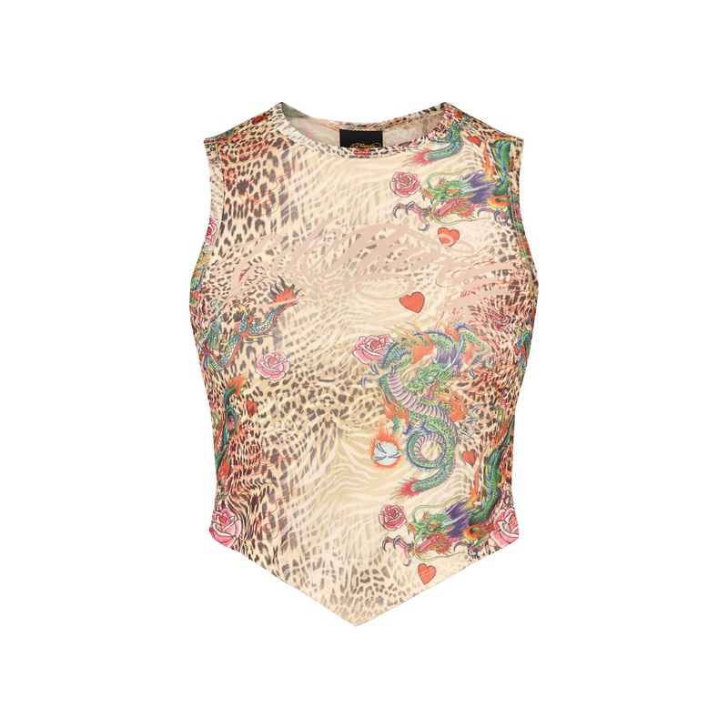 Dragon Repeat Mesh Vest Top Ecru