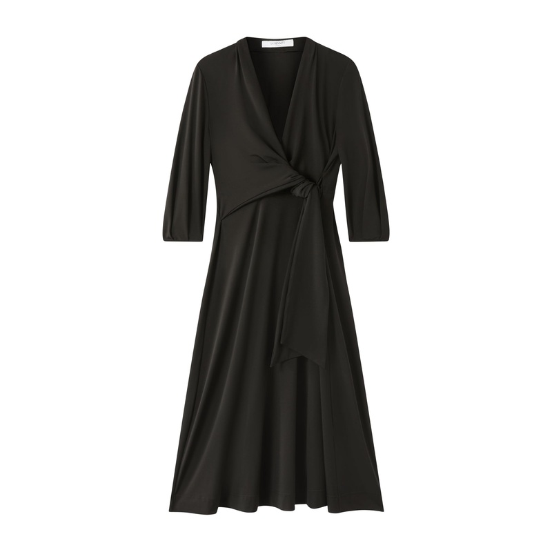 Aiper Black Polyester V-neck Jersey Dress with Tie Front