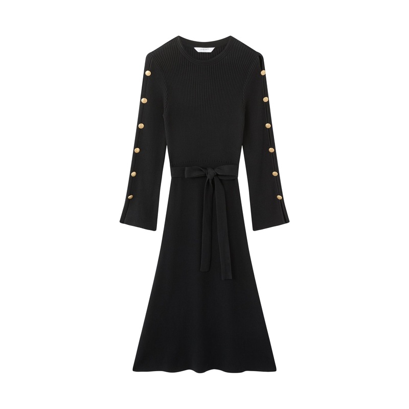 Mirren Black Plain Organic Cotton Shank Button Jumper Dress with Self Covered Belt