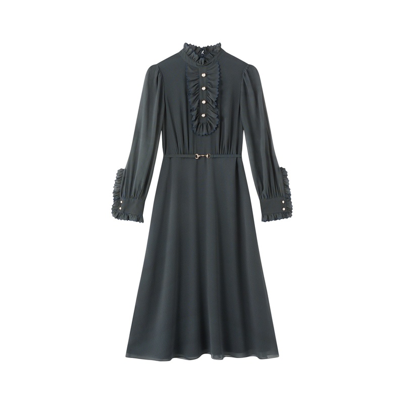 Sadie Midnight Houndstooth Print Recycled Fabric Georgette Dress with Belt