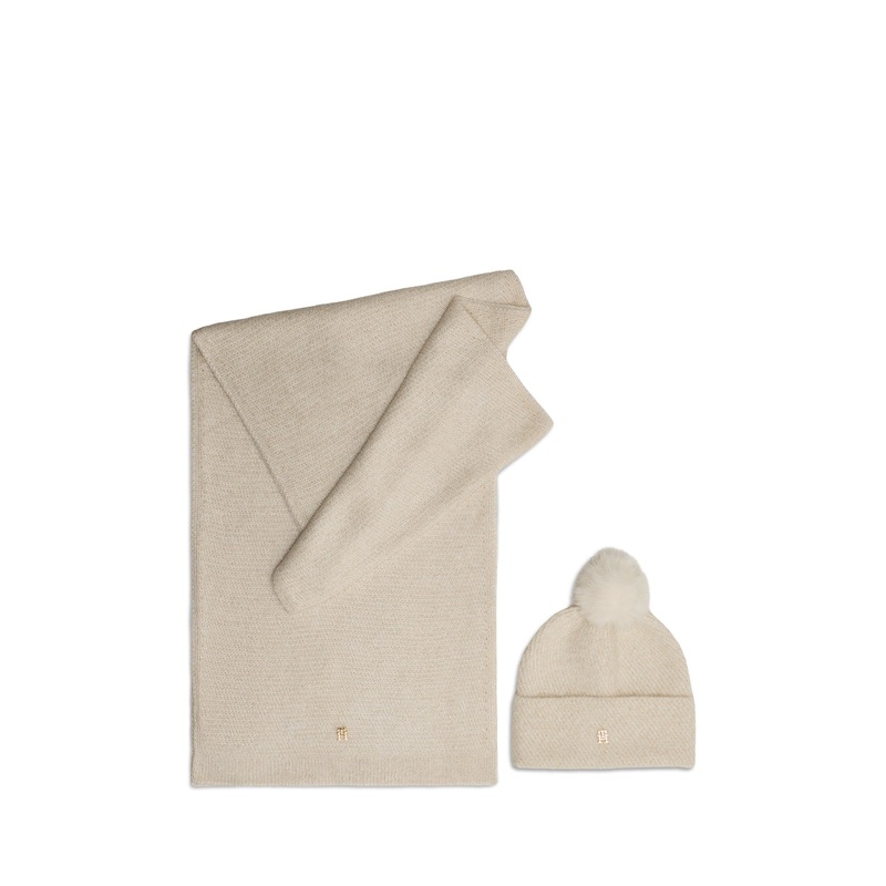 Pom Pom Lurex Beanie and Scarf Gift Set Cream
