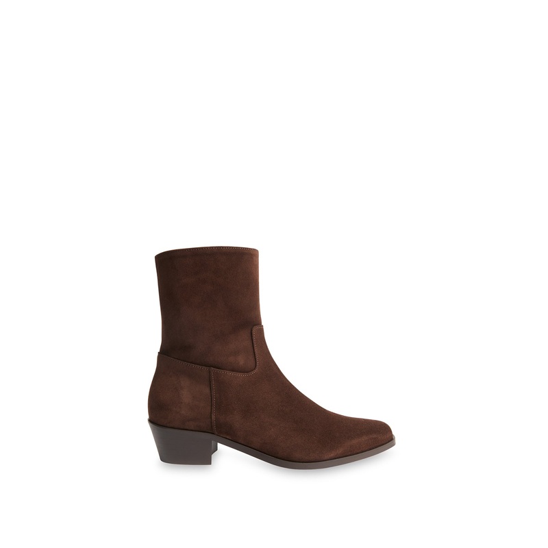 Suede Block Heel Clean Western Ankle Boots Brown