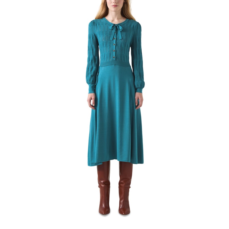 Susannah  Dark Teal Tie Neck Pointelle Fit And Flare D