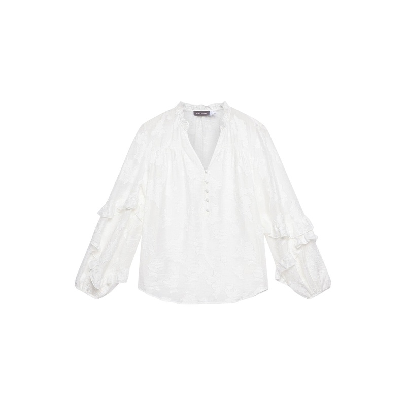 White Jacquard Ruffle Blouse