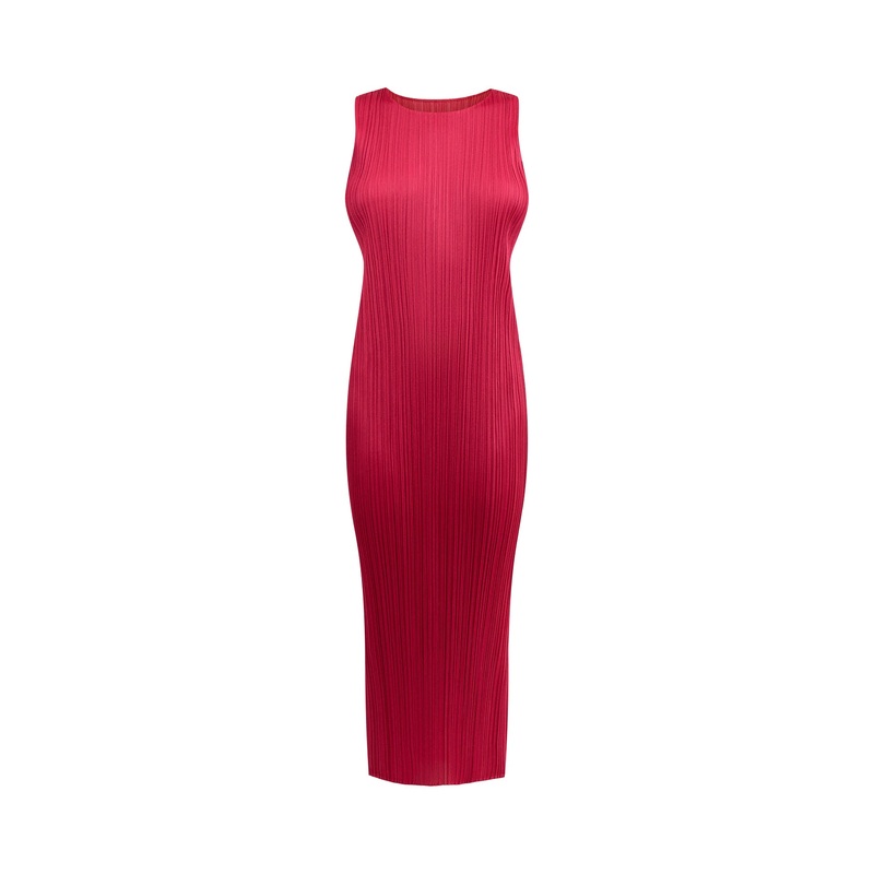 Pleats Colourful Basics Mock Neck Sleeveless Carmine Pink Dress