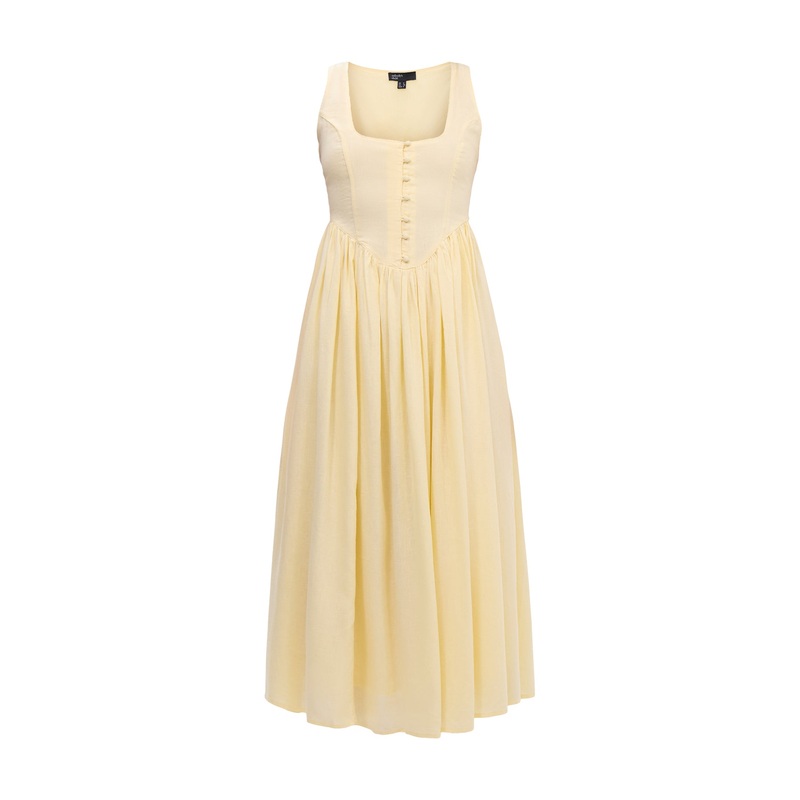 Butter Yellow Linen-blend Cora Midi Dress