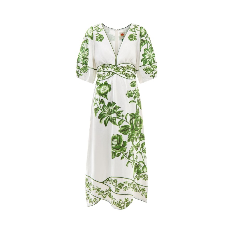 Green Floral Cascade Off-white Short Sleeve Midi Dress