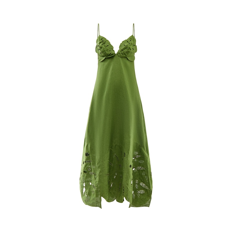 Green Monstera Embroidery Midi Dress