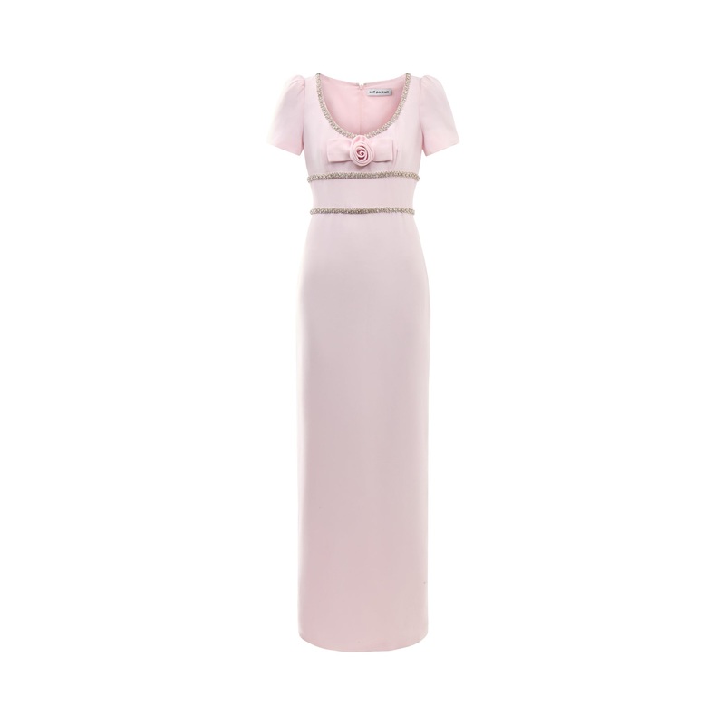 Pink Crepe Crystal Trim Maxi Dress