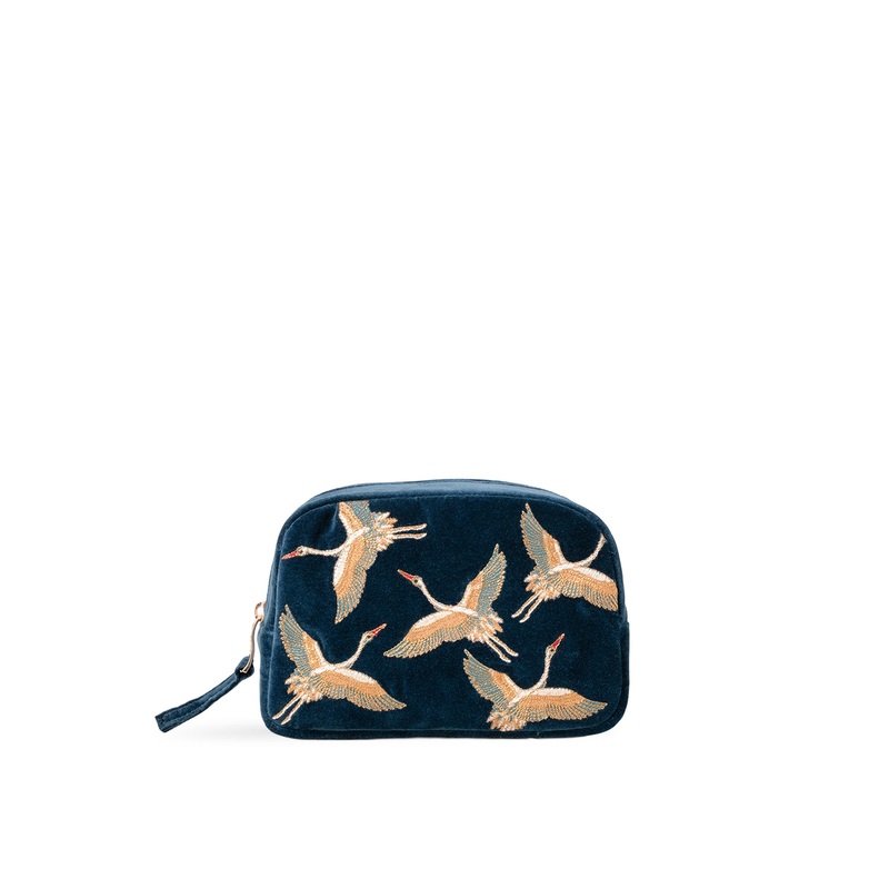 Cranes Velvet Makeup Bag Ink Blue