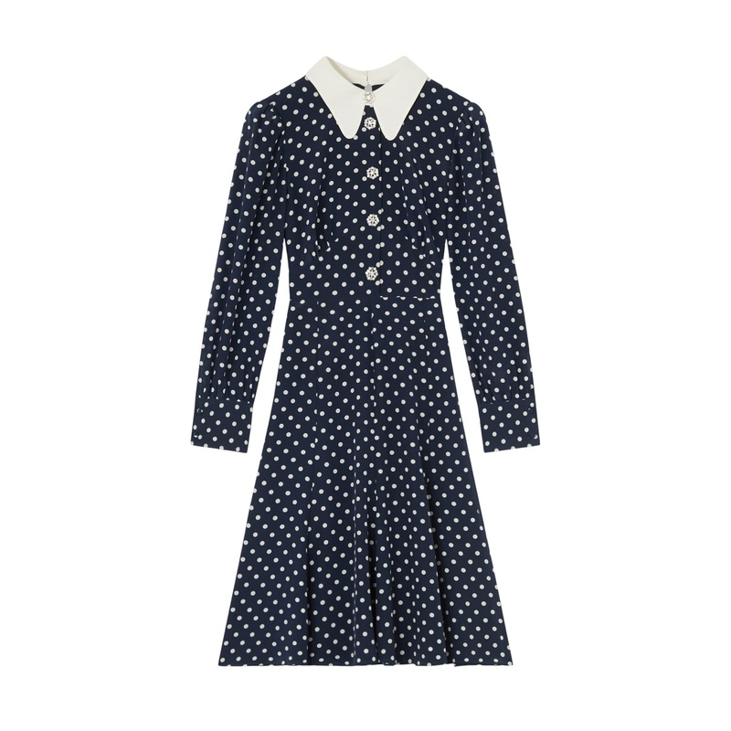 Mathilde Navy & Cream Polka Dot Silk Tea Dress