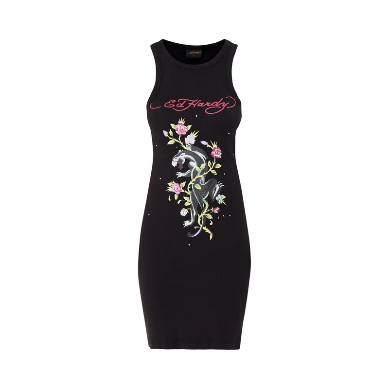 Womens Panther And Flowers Diamante Tank Dress