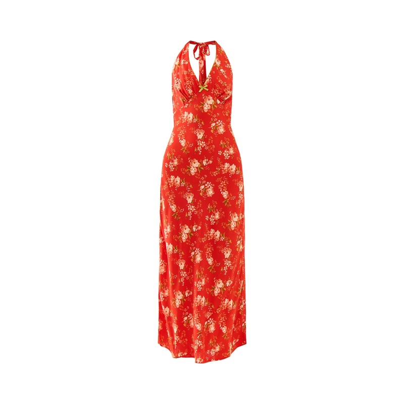 Red Floral Halter Dress