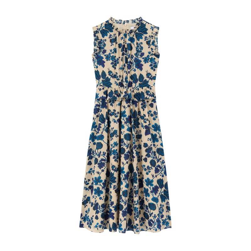 Cream Isolde Birch  & Blue Cotton Dress Cotton Voile Dress With Frill Detailing