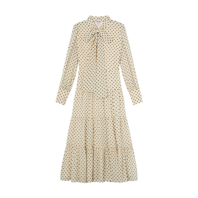 Cream Polly Birch & Black Tie Neck Ls Georgette Dress