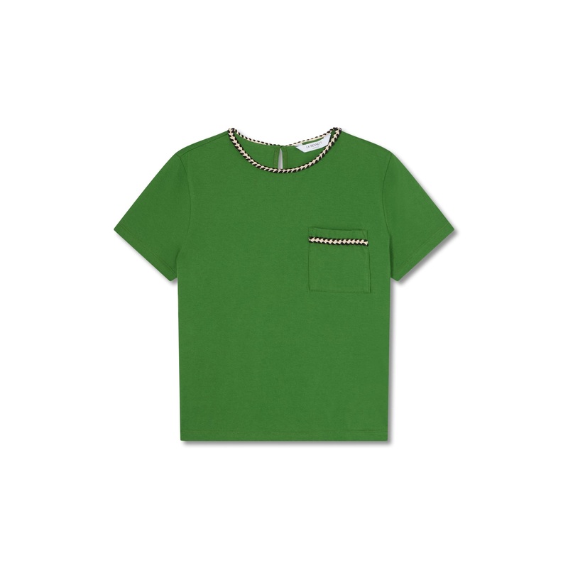 Green Vita Treetop Green Cotton Plaited Trim T-Shirt