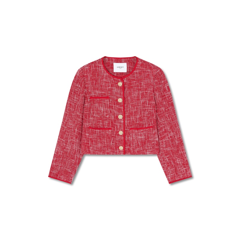 Red Alexa Red Cotton Blend Tweed Jacket With Plaited Trim