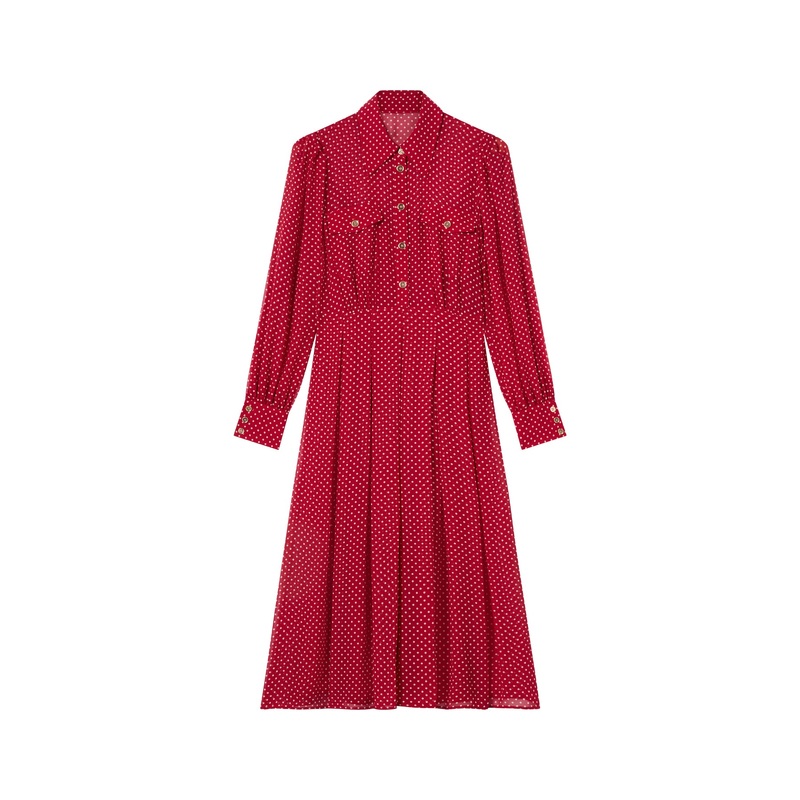 Red Cody Red Polka Dot Print Pocket Shirt Dress