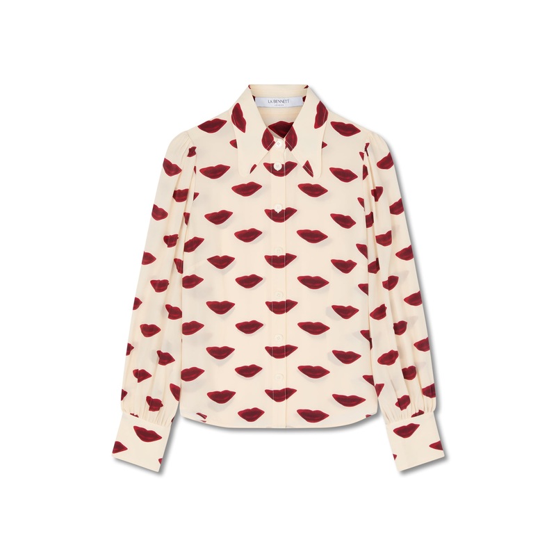 Red Sonya Red Silk Lips Print Silk Blouse